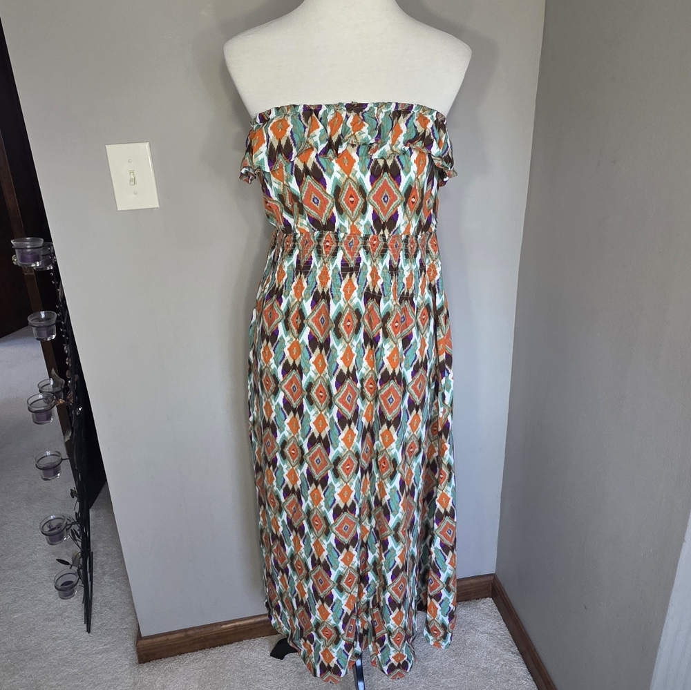 Maxi Dress Ikat Strapless Geometric Print Women's Plus Size 1X Caren Sport - Picture 2 of 16